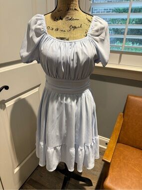 Exlura Puff-Sleeve Lined Mini Dress w/Tie Back
